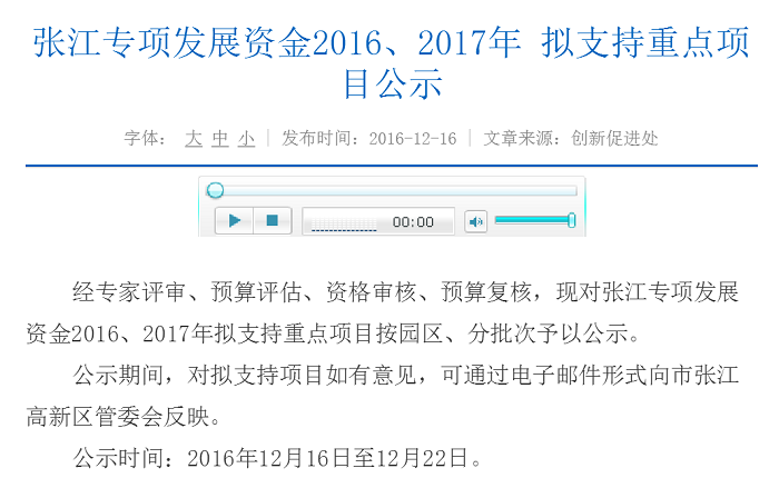 【喜讯】张江高科技园区专项发展资金项目申报成功